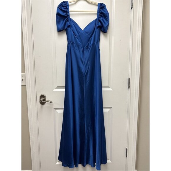MAC DUGGAL Size 6 Blue Satin Empire Waist Puff Sleeve Formal Gown Dress New $498 - Picture 7 of 10